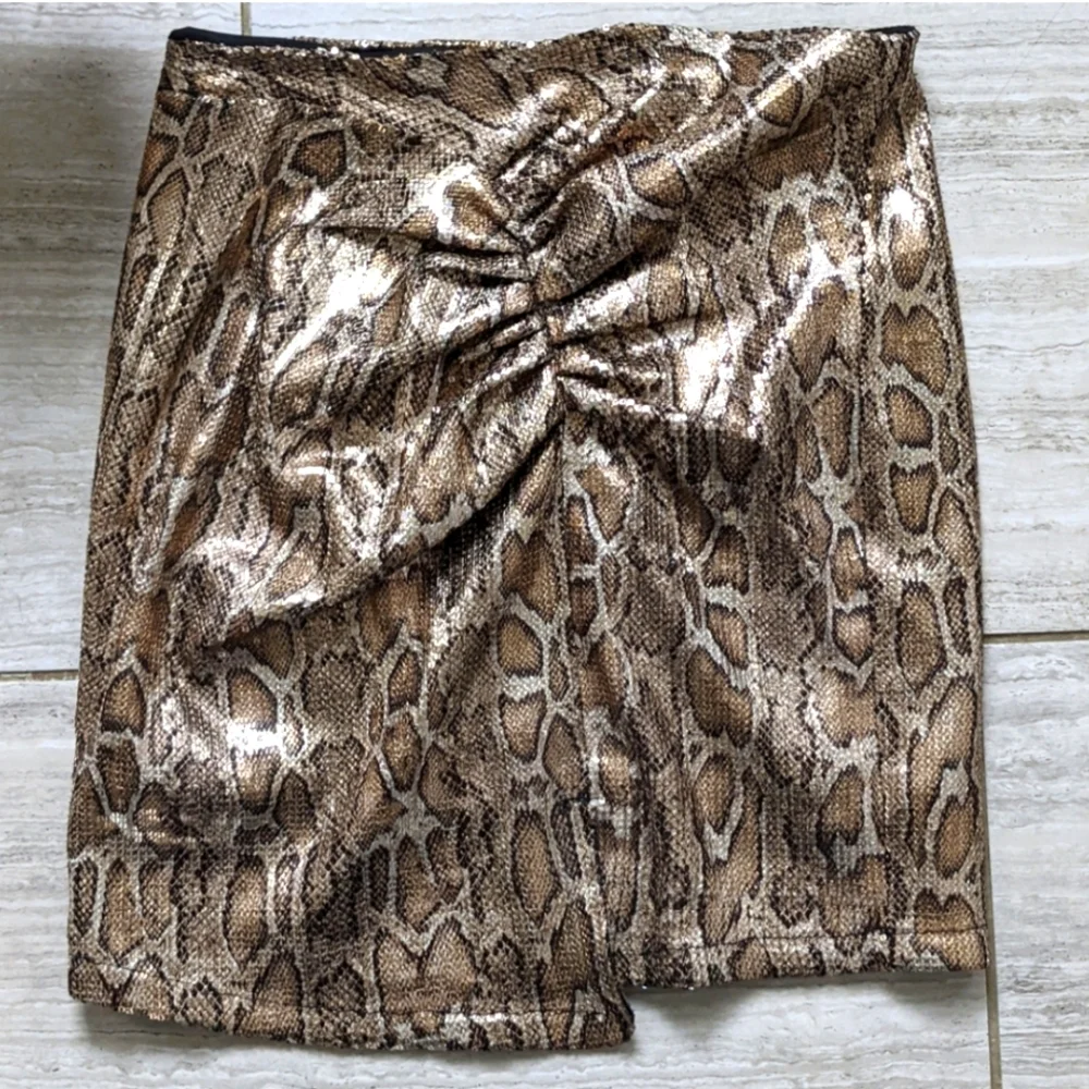 Zara Snake Print Gold Sequin Mini Ruched Micro Skirt XS